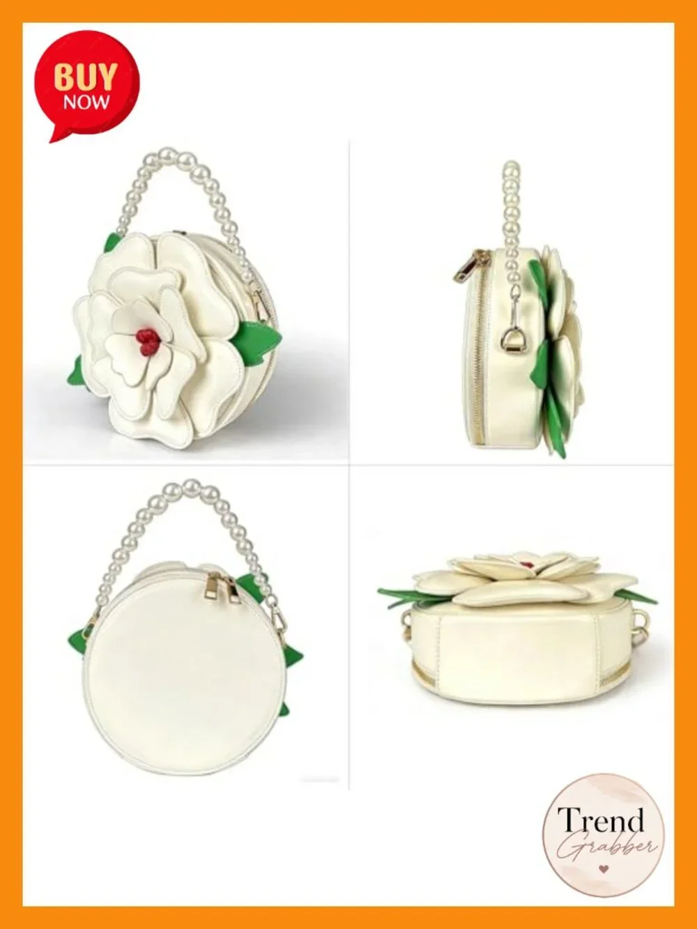 PU Leather Floral Crossbody Purse with Pearl Chain, Lolita Whimsical Handbag